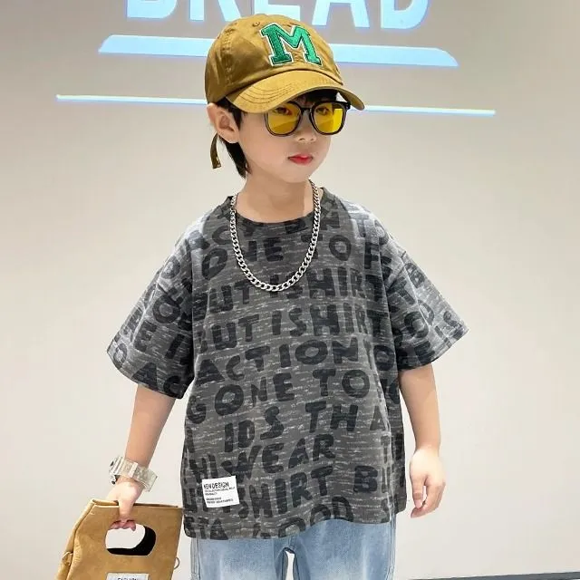 夏季男童韩版纯棉短袖新款短袖印花字母圆领宽松休闲T恤宝宝潮