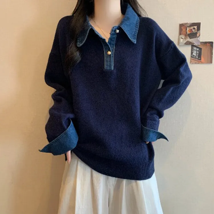 假两件牛仔拼接Polo领毛衣女冬季大码胖mm遮肉显瘦加厚针织衫上衣