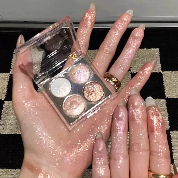 一抹爆闪！清透水光四色眼影高光盘偏光细闪珠光身体颧骨提亮鼻头