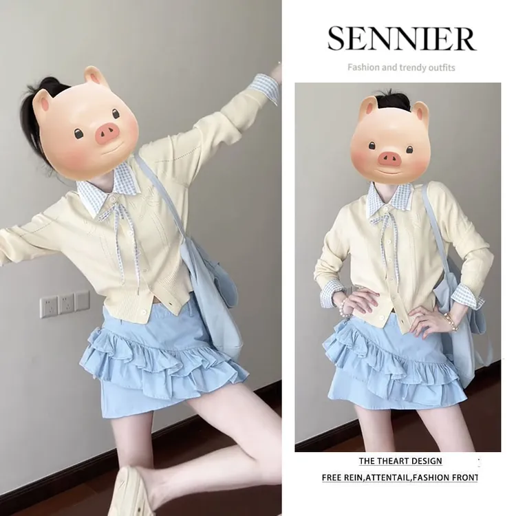 今年流行穿搭女2025早秋新款韩系减龄翻领针织长袖花边短裙两件套