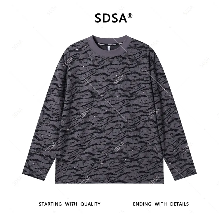 SDSA男士秋冬新款轻奢痞帅男装磨破植绒满天星圆领长袖T恤百搭潮
