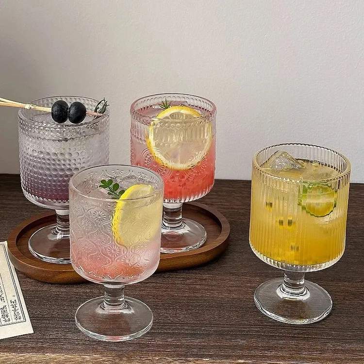 高颜值复古浮雕太阳花纹矮脚酒杯洋酒杯宿舍办公室果汁喝水杯加厚