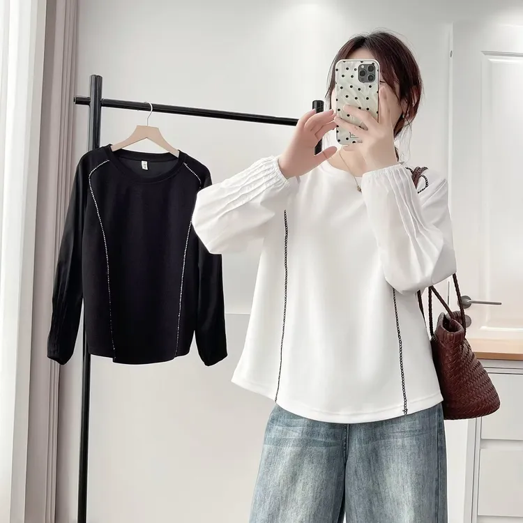 大码胖mm韩系休闲时尚褶皱长袖T恤女秋季新款设计感百搭上衣183