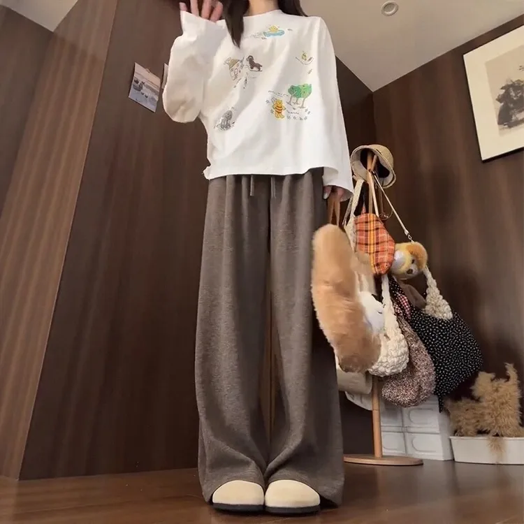 咖色美拉德糯米裤休闲慵懒风女款秋季大码胖mm梨型显瘦休闲阔腿裤