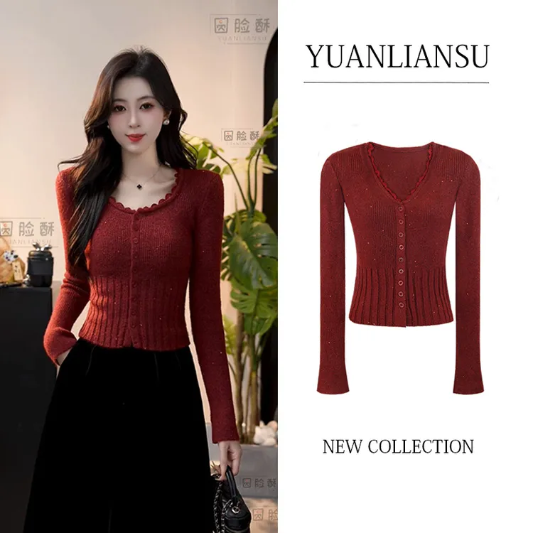 【现货】【微醺岛屿】法式新款百搭红色显瘦拼接蕾丝边长袖针织衫