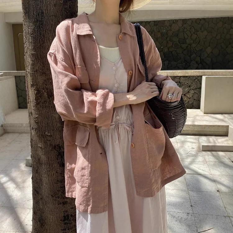 外套女2025新款苎麻棉宽松工装感开衫夹克宽松中长款上衣