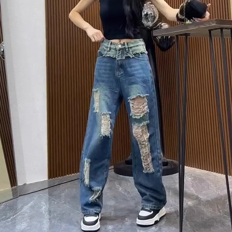 美式hiphop辣妹高街复古破洞牛仔裤子女设计感小众直筒阔腿拖地裤