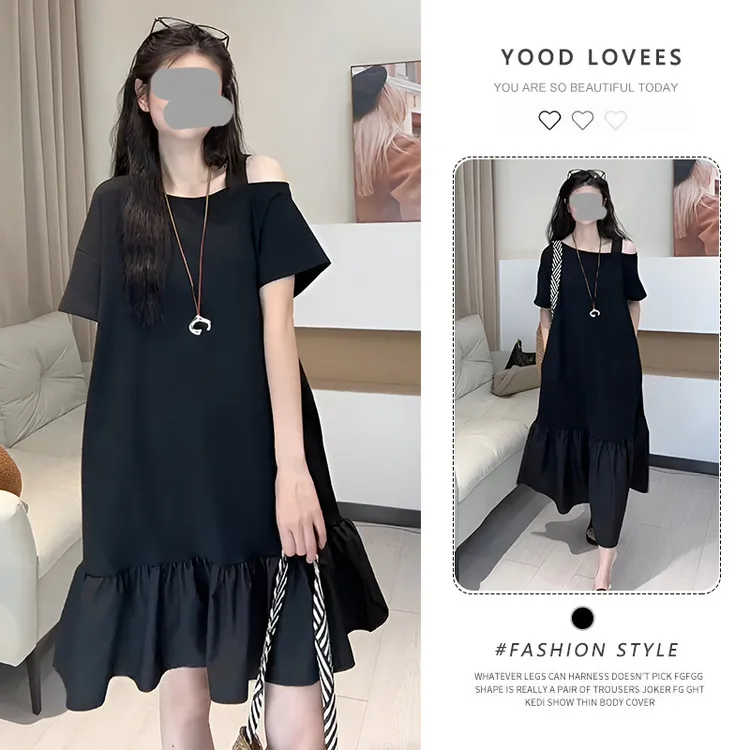 休闲宽松黑色T恤连衣裙女夏2025新款慵懒减龄独特漂亮露肩小黑裙