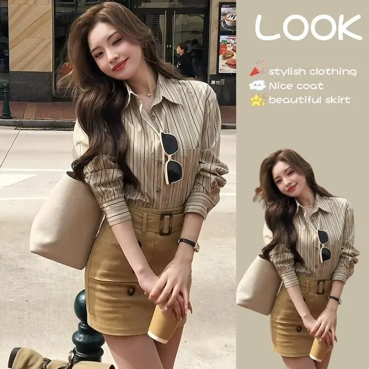 韩系气质复古条纹Polo领衬衫高腰短裙两件套女早春季时尚通勤套装
