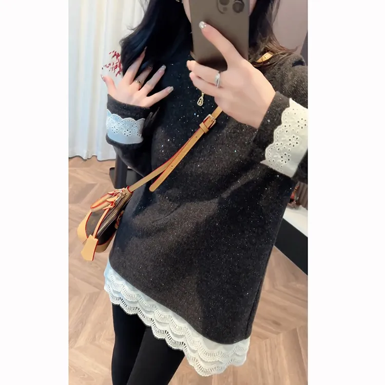 假两件蕾丝花边拼接打底衫女内搭长袖t恤宽松时尚德绒磨毛上衣冬