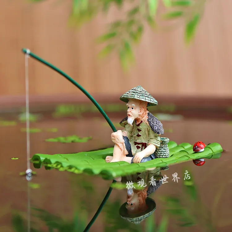可漂浮竹筏竹排钓鱼翁姜太公垂钓小摆件庭院鱼池鱼缸diy造景装饰