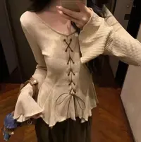 大码胖MM辣妹风不规则系带收腰上衣女早秋季内搭长袖打底衫V领T恤