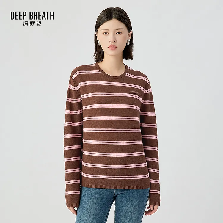DEEP BREATH深呼吸圆领简约拼色条纹贴唛宽松长袖针织衫A301808-1