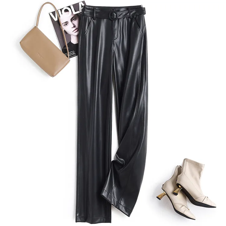 真皮直筒裤女2025新款海宁真皮皮裤女腰带高腰直筒长裤宽松显瘦气质阔腿休闲裤