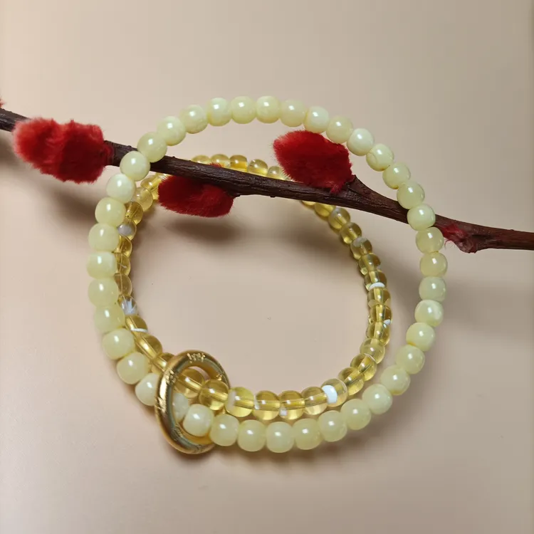 5+天然蜜蜡双圈手串~浓奶白和金拉丝的完美搭配~4311