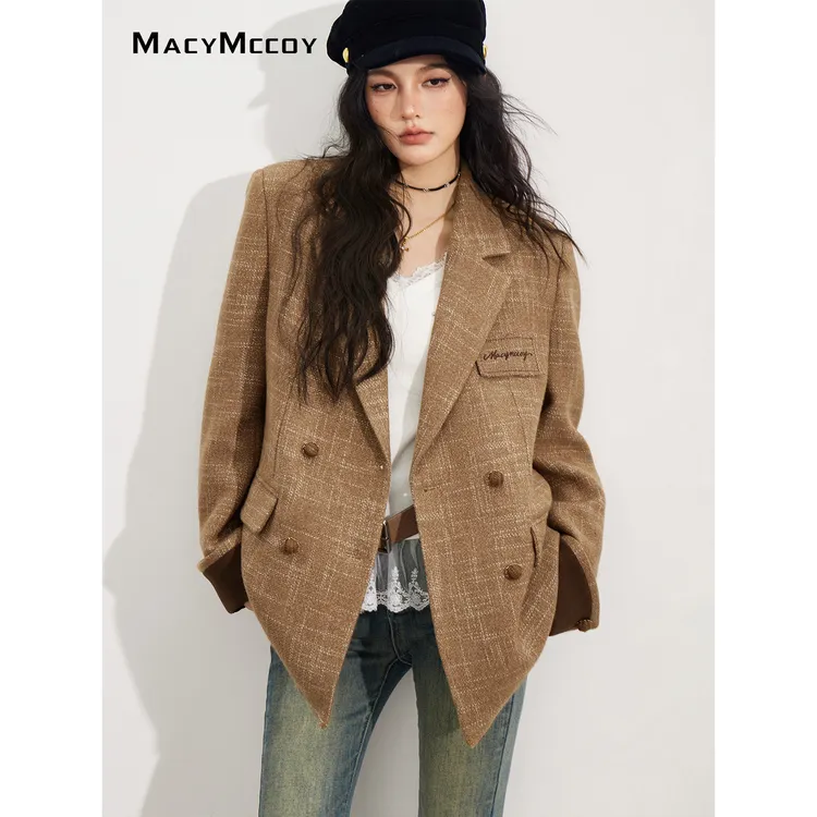MacyMccoy复古毛呢西装外套女秋冬设计感咖色气质挺括西服上衣