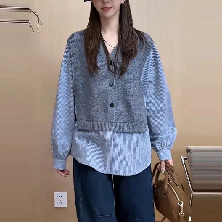 条纹假两件针织衫女2025秋季大码胖MM单排扣V领设计长袖开衫上衣