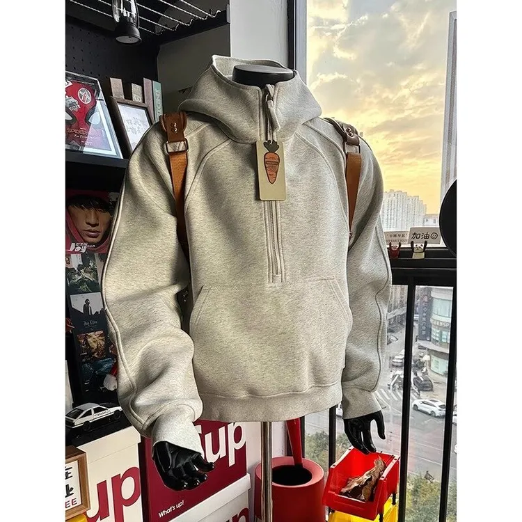 美式半拉链立领卫衣男款春季小众解构外套cleanfit重磅硬挺连帽衫