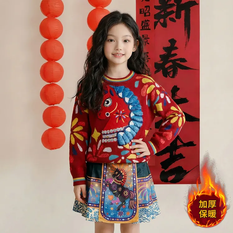 女童过年毛衣2025新款女孩大童马年红色本命年针织衫冬季加厚内搭