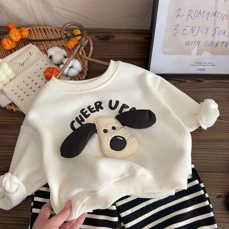 男女童春秋卫衣套装新款洋气卡通中小童宝宝可爱休闲条纹裤两件套