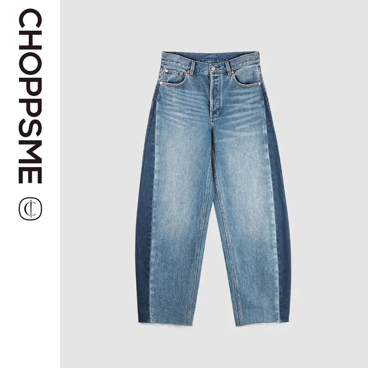 巧珀思｜23345斜纹纯棉撞色侧拼接弧形立裁镰刀毛须边裤脚牛仔裤