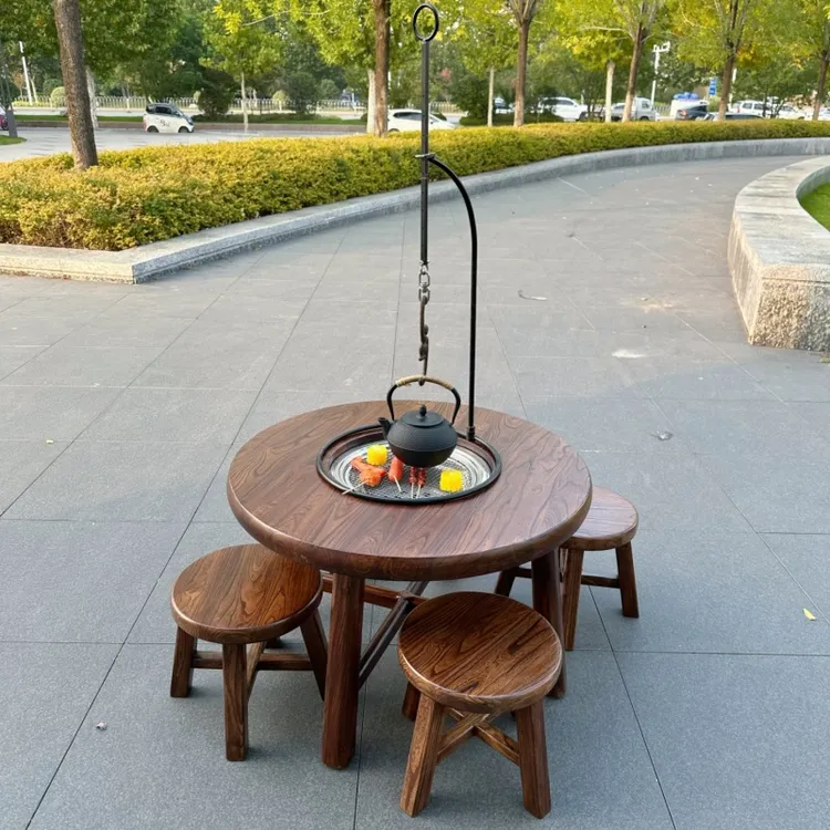 老榆木围炉煮茶桌户外烧烤火锅阳台桌泡茶酒店家用圆形实木餐桌