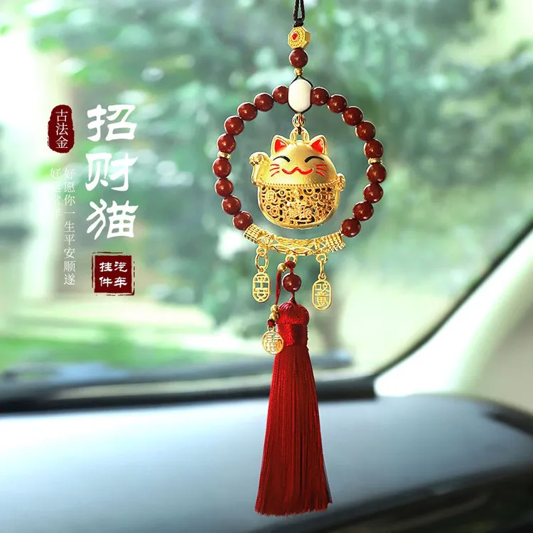 车内后视镜卡通装饰吉祥平安高档沙金平安招财猫车载饰品挂件用品