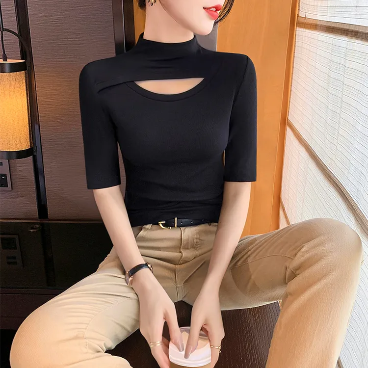 欧若风显瘦女T恤半高领中袖打底衫女2025新款早秋高级感镂空上衣