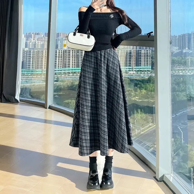 复古格子半身裙女秋季新款高腰显瘦遮肉a字裙休闲中长款毛呢裙子