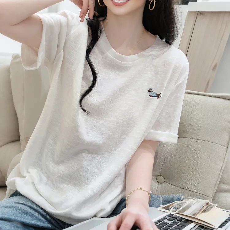 轻薄雪花棉短袖T恤女夏宽松减龄慵懒风简约小狗刺绣白色圆领上衣