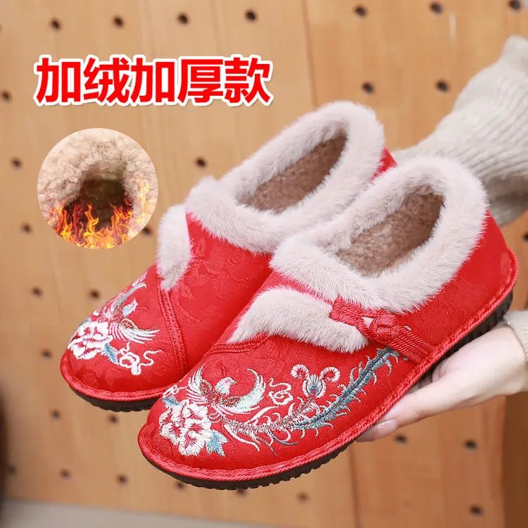 冬季老北京布鞋女加绒保暖绣花棉鞋中老年民族风软底妈妈鞋一脚蹬