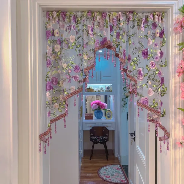 轻奢高定紫韵长款免打孔安装隔断拱形门门帘纱帘蕾丝卧室厨房隔断