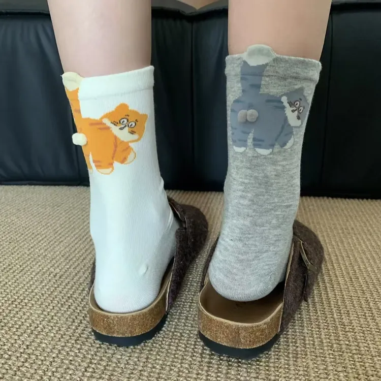 2025新款猫咪蛋蛋袜子女夏季可爱薄款卡通搞怪中筒袜透气屁屁猫袜