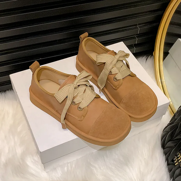 渔夫鞋新款皮鞋复古鞋女春秋厚底软底系带休闲百搭圆头豆豆鞋