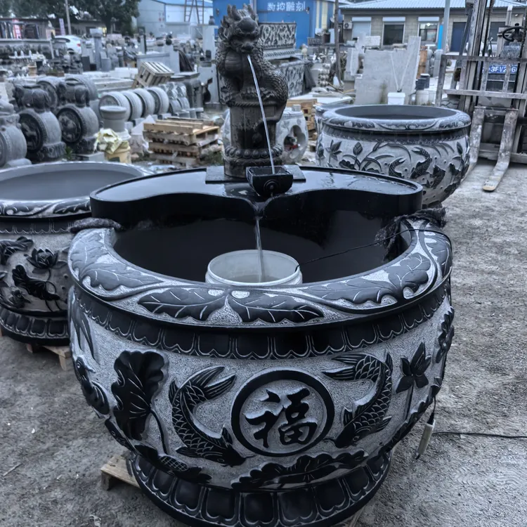青石大门海荷花缸双鱼抱福缸石雕摆件种树养鱼缸百福缸聚宝盆青石