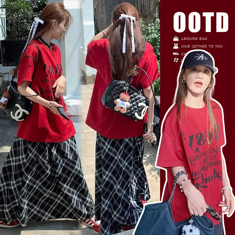 孕妇装2025春夏新款时尚印花外穿短袖美式宽松休闲半身裙孕妇套装