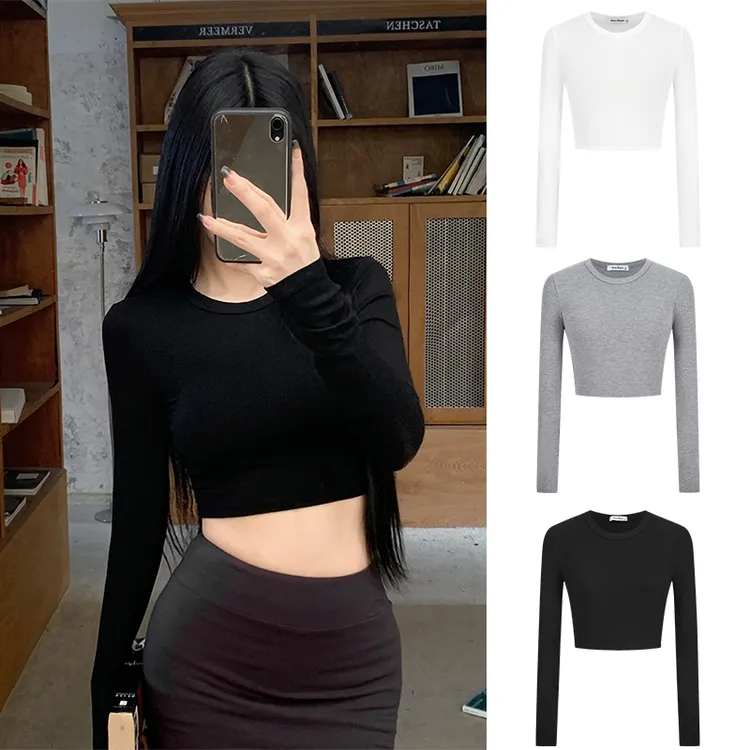 辣妹掐腰显瘦长袖T恤打底衫女短款紧身上衣