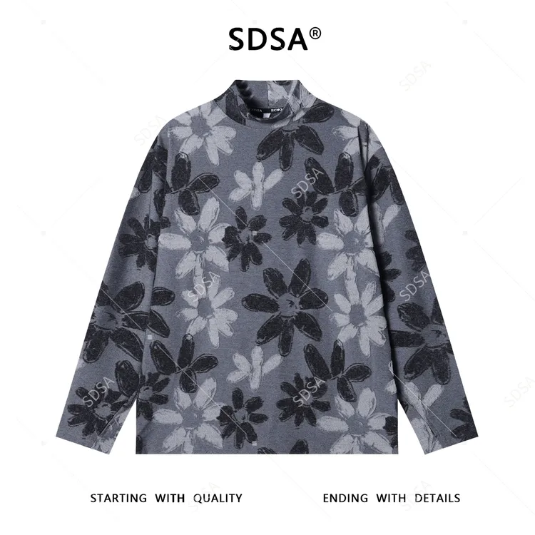 SDSA秋冬新款痞帅男装潮牌撞色植物花卉半高领长袖T恤时尚百搭