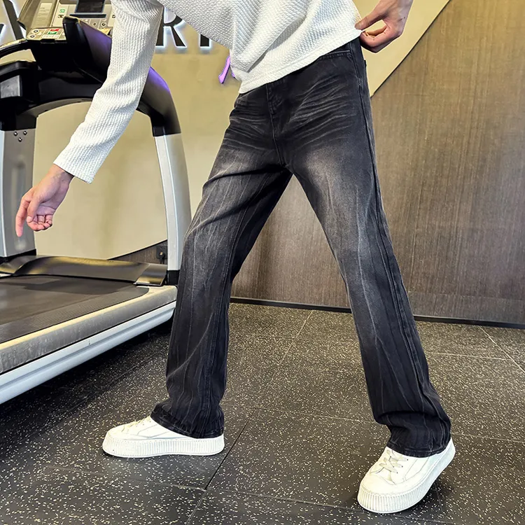 美式高街黑色牛仔裤男士秋季新款宽松直筒裤潮流水洗男阔腿休闲裤