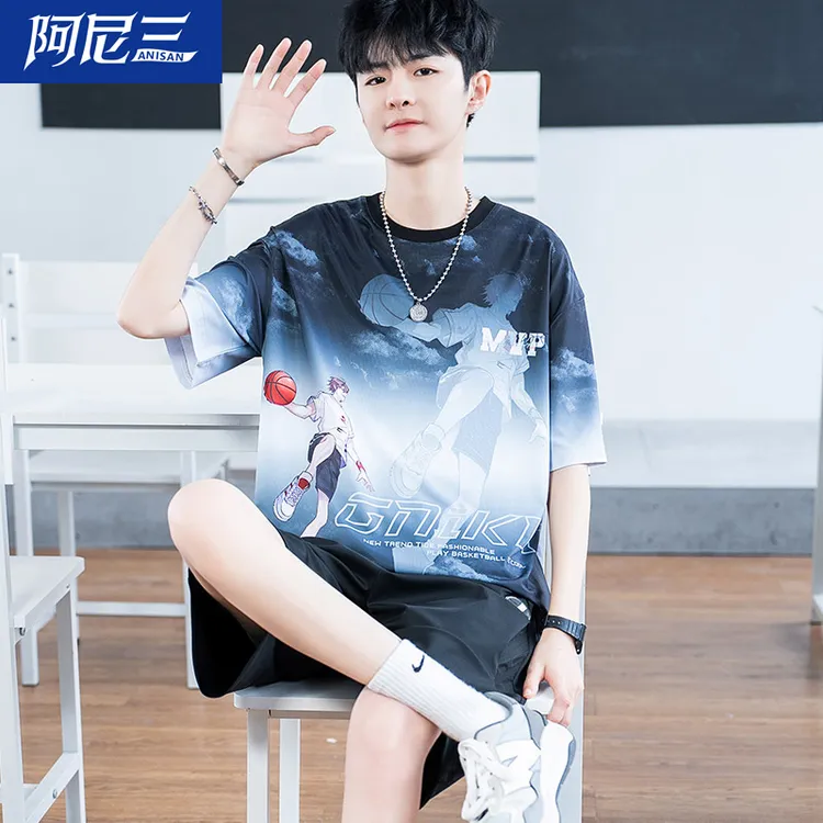 青少年夏季冰丝短袖运动套装男2025新款潮流帅气初中高中学生夏装