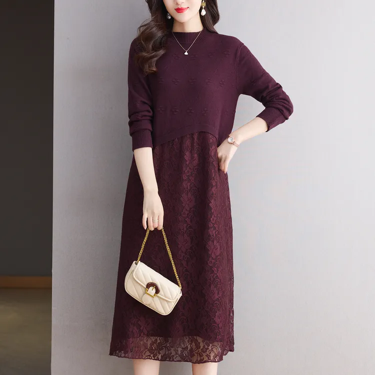 蕾丝拼接连衣裙秋冬妈妈端庄大气毛衣裙长款气质显瘦冬天打底裙子