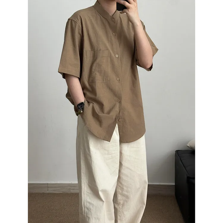 新中式棉麻纹理感短袖衬衫男女款亨利领开衫衬衣夏季复古慵懒外套