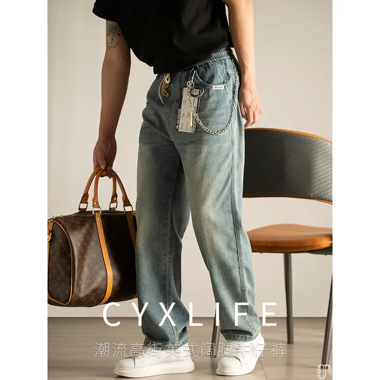 美式高街风~弯刀设计牛仔裤男宽松阔腿潮牌水洗做旧裤子夏季薄款
