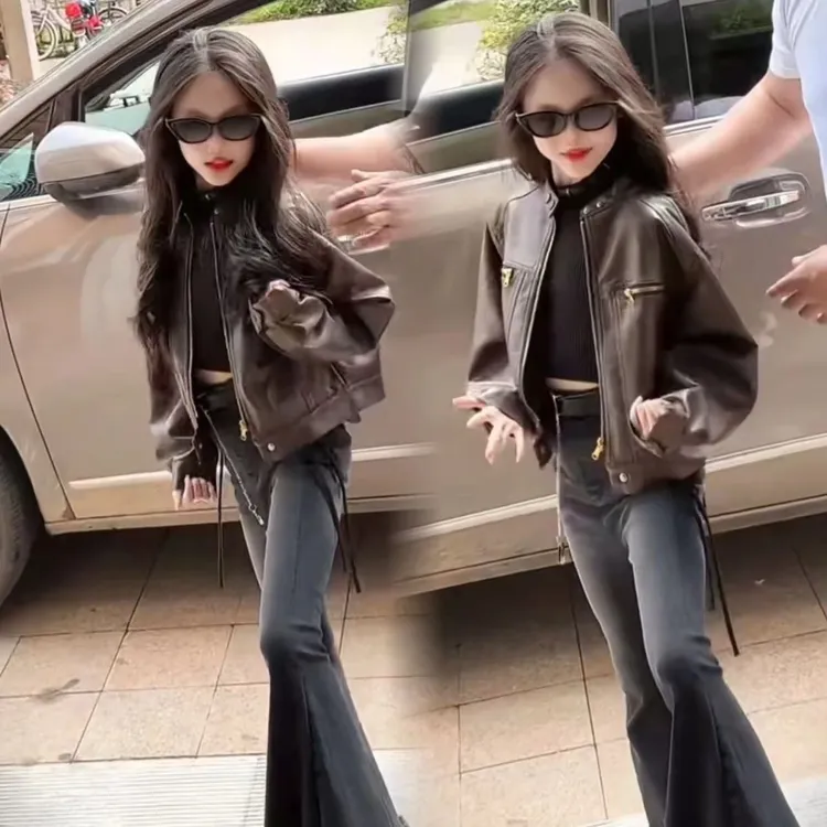 女童皮衣机车服喇叭裤春秋套装2025新款中大童时髦洋气炸街两件套