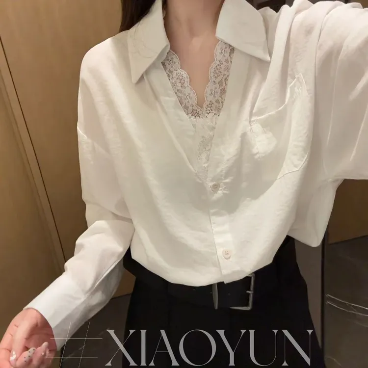 春装新款蕾丝拼接翻领休闲宽松衬衫宽松慵懒衬衣女百搭上衣潮