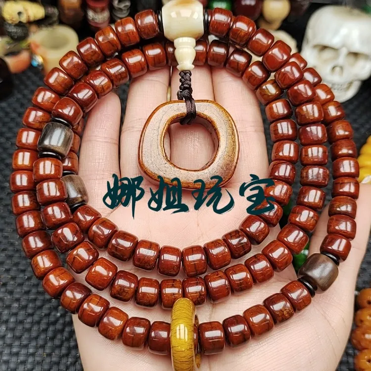 西藏牦牛骨深棕色桶珠108颗骨圈款脖挂(10mm-12mm)