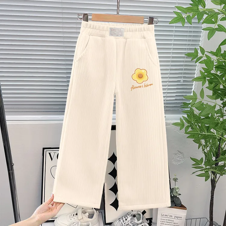 儿童秋冬新款加厚灯芯绒阔腿裤中小童保暖长裤卡通印花百搭裤子