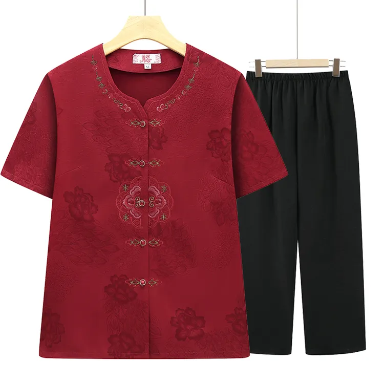 中老年女装夏装短袖衬衫妈妈装夏季绣花复古T恤奶奶太太老人衣服