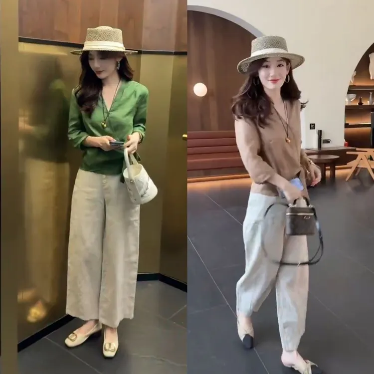时尚洋气套装女2025早秋新款宽松显瘦七分袖V领衬衫阔腿裤两件套