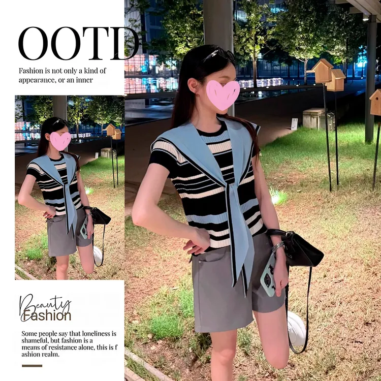 真两件条纹风披肩针织衫韩系显瘦设计感刘浩存同款韩系少女感上衣